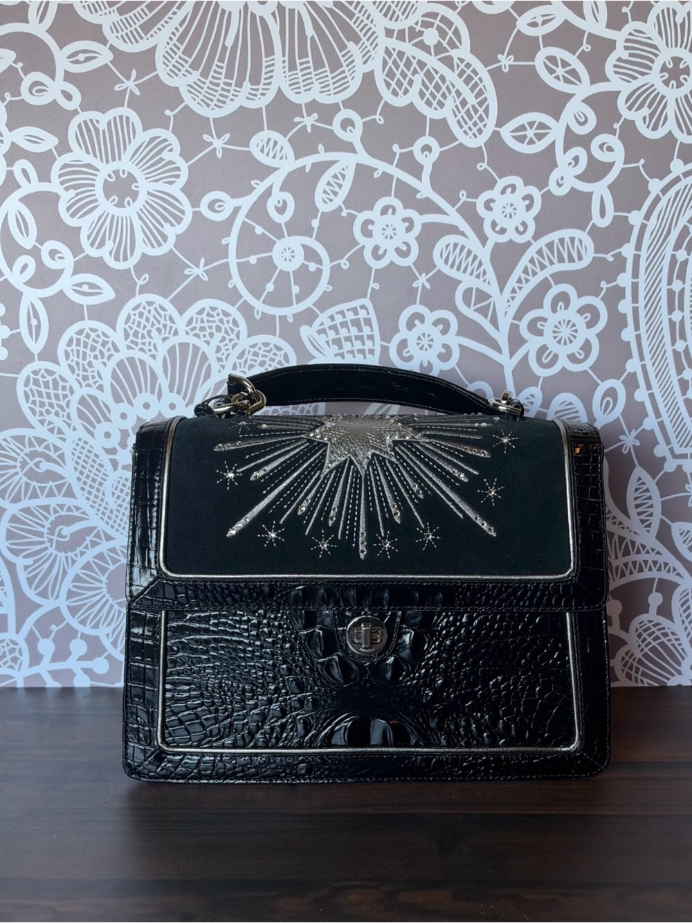 FIRM Brahmin Hallie Black Revel Luxury CRYSTALS ITALIAN SUEDE Satchel Bag $495 - Picture 9 of 13
